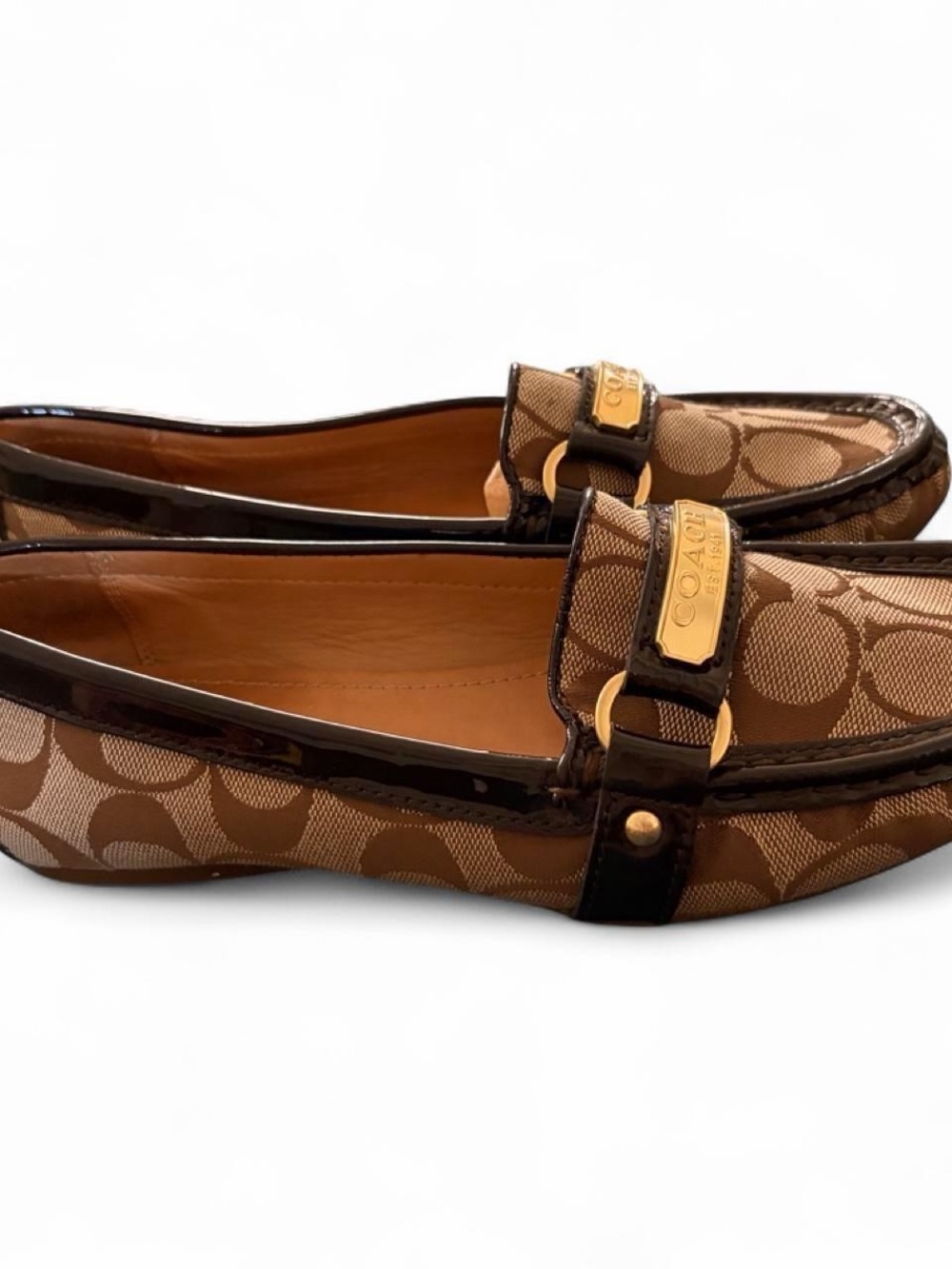 Coach Brown Signature Felicia Canvas Loafers with Patent Trim and Gold Plaques